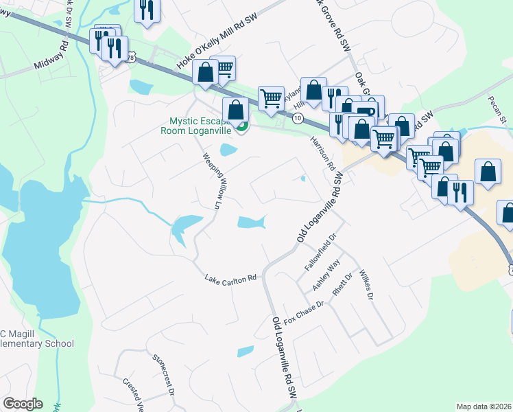 map of restaurants, bars, coffee shops, grocery stores, and more near 601 Ashton Manor Drive in Loganville