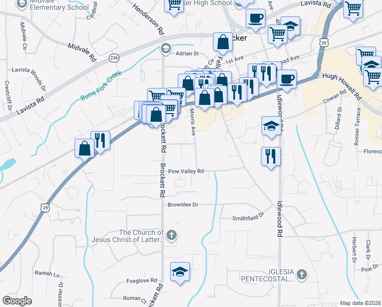 map of restaurants, bars, coffee shops, grocery stores, and more near 2116 Morris Avenue in Tucker