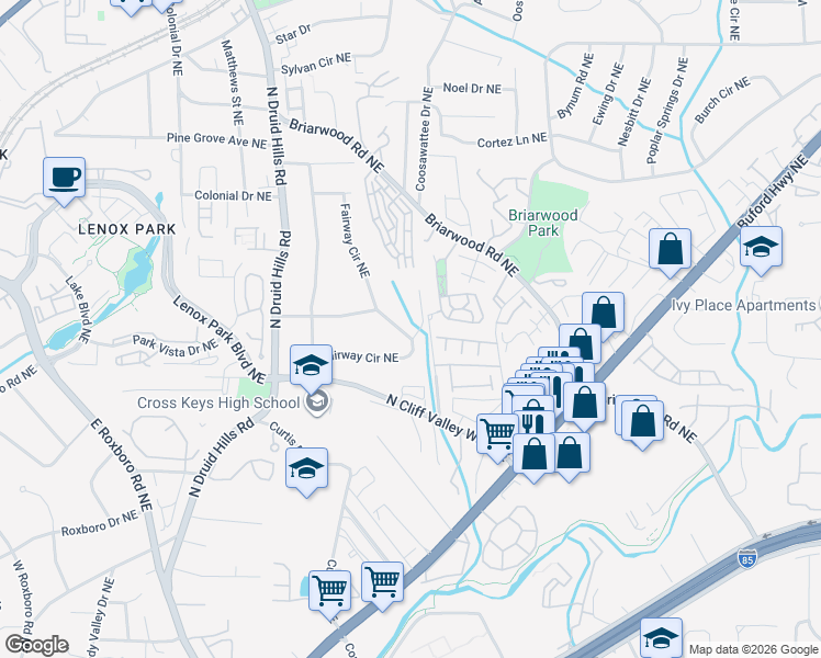map of restaurants, bars, coffee shops, grocery stores, and more near 2003 Fairway Circle Northeast in Atlanta