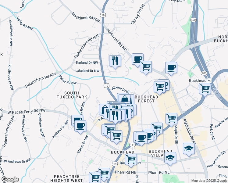 map of restaurants, bars, coffee shops, grocery stores, and more near 195 Alberta Drive Northeast in Atlanta