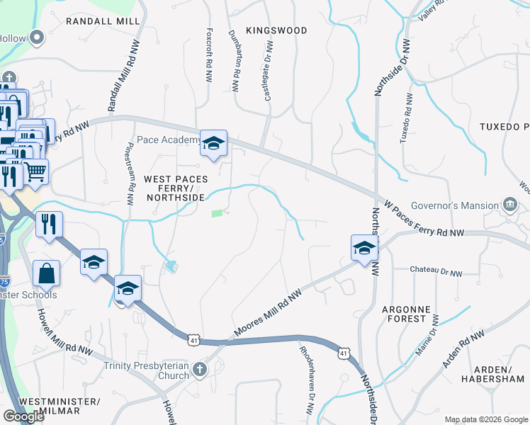 map of restaurants, bars, coffee shops, grocery stores, and more near 3345 Wood Valley Road Northwest in Atlanta