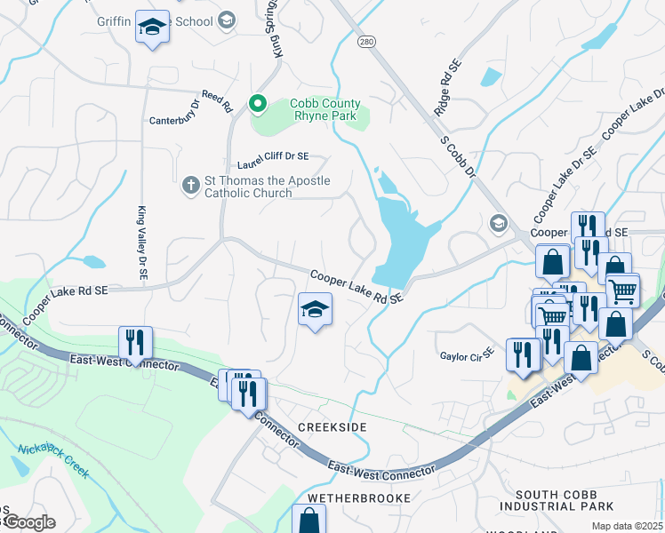 map of restaurants, bars, coffee shops, grocery stores, and more near 4430 Beachview Drive Southeast in Smyrna