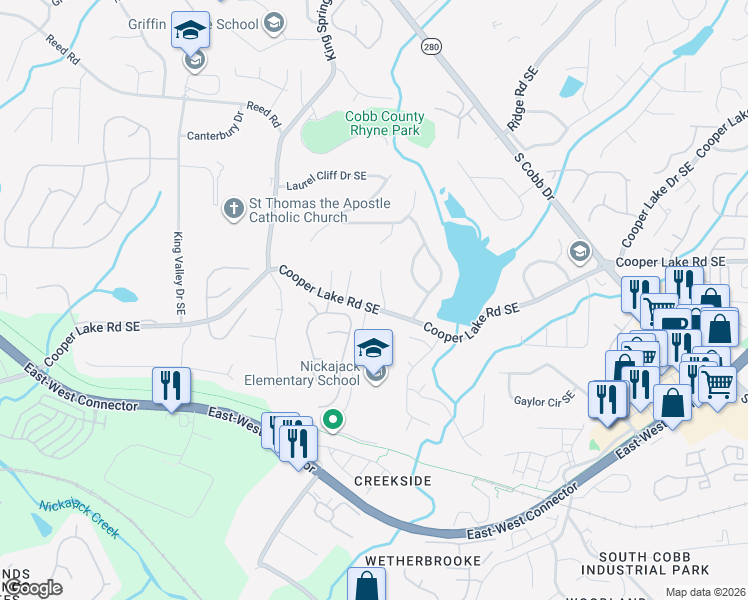 map of restaurants, bars, coffee shops, grocery stores, and more near 4370 Bowen Ridge Court Southeast in Smyrna