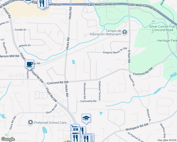 map of restaurants, bars, coffee shops, grocery stores, and more near 4480 South Springwood Drive Southwest in Smyrna