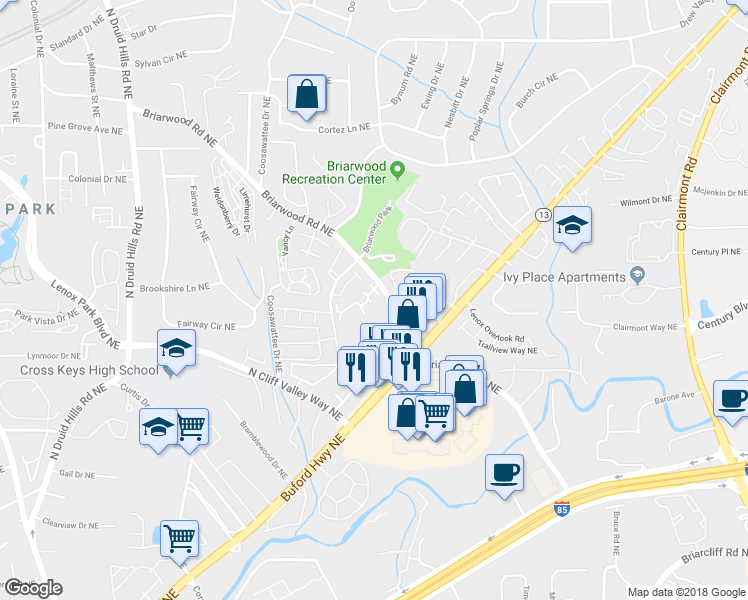 map of restaurants, bars, coffee shops, grocery stores, and more near 1467 Keys Crossing Drive Northeast in Atlanta