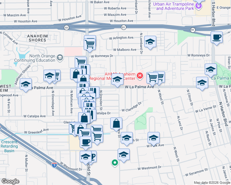 map of restaurants, bars, coffee shops, grocery stores, and more near 1409 West Dogwood Avenue in Anaheim