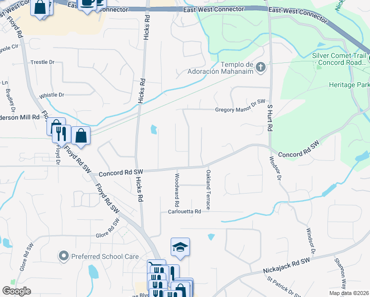 map of restaurants, bars, coffee shops, grocery stores, and more near 4480 South Springwood Drive Southwest in Smyrna