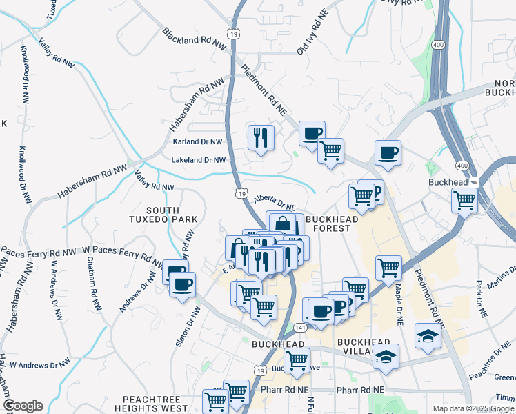 map of restaurants, bars, coffee shops, grocery stores, and more near 195 Alberta Drive Northeast in Atlanta