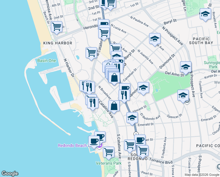 map of restaurants, bars, coffee shops, grocery stores, and more near 407 North Elena Avenue in Redondo Beach