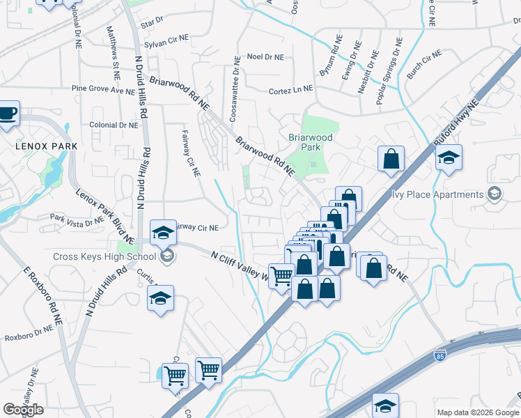 map of restaurants, bars, coffee shops, grocery stores, and more near 2030 Cobblestone Circle Northeast in Atlanta