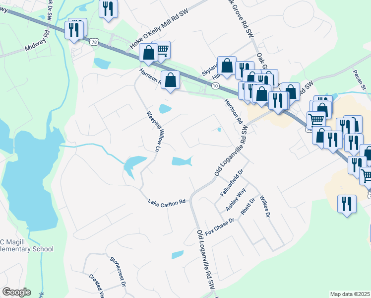 map of restaurants, bars, coffee shops, grocery stores, and more near 601 Ashton Manor Drive in Loganville