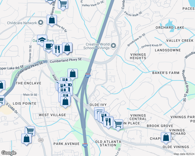 map of restaurants, bars, coffee shops, grocery stores, and more near 100 Winchester Trail Southeast in Atlanta
