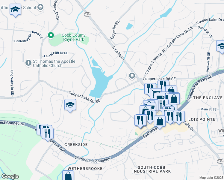 map of restaurants, bars, coffee shops, grocery stores, and more near 1531 Cooper Lake Road Southeast in Smyrna