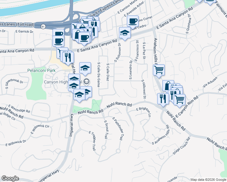 map of restaurants, bars, coffee shops, grocery stores, and more near 273 South Solomon Drive in Anaheim