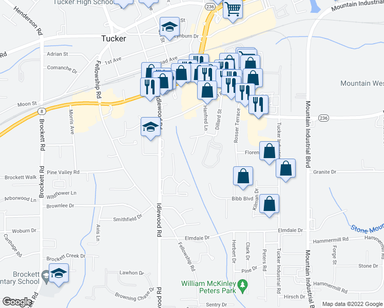 map of restaurants, bars, coffee shops, grocery stores, and more near 2123 Hanfred Court in Tucker