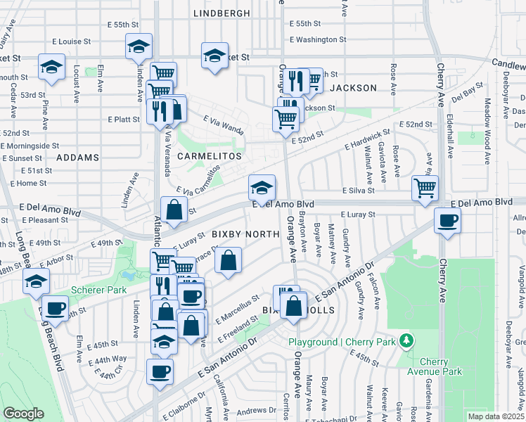 map of restaurants, bars, coffee shops, grocery stores, and more near 1100 East Del Amo Boulevard in Long Beach