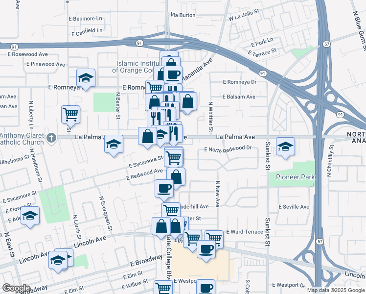 map of restaurants, bars, coffee shops, grocery stores, and more near 2031 East North Redwood Drive in Anaheim