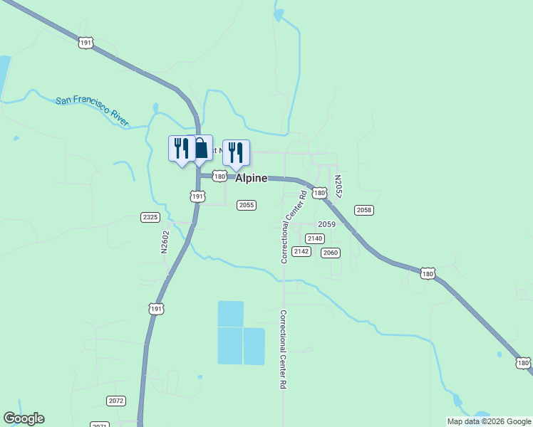 map of restaurants, bars, coffee shops, grocery stores, and more near 1st South Street in Alpine