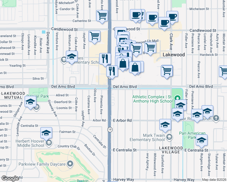 map of restaurants, bars, coffee shops, grocery stores, and more near North Lakewood Boulevard in Long Beach