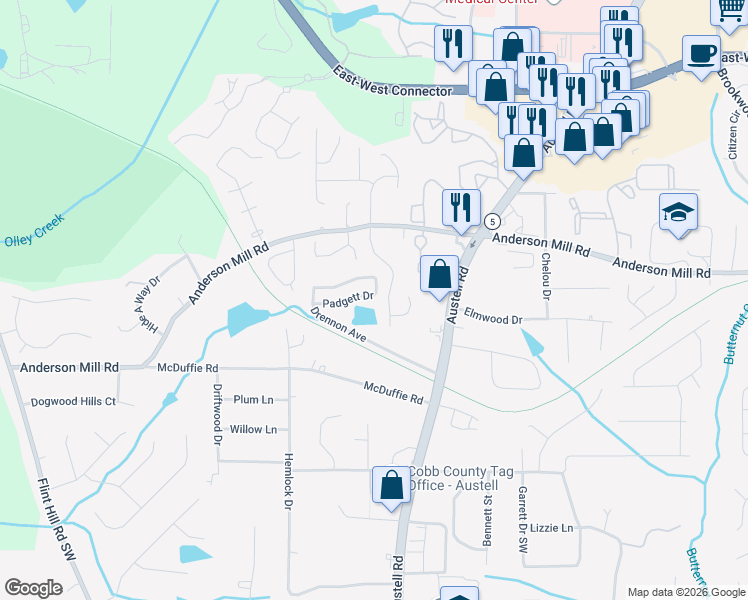 map of restaurants, bars, coffee shops, grocery stores, and more near 1945 Padgett Drive in Austell