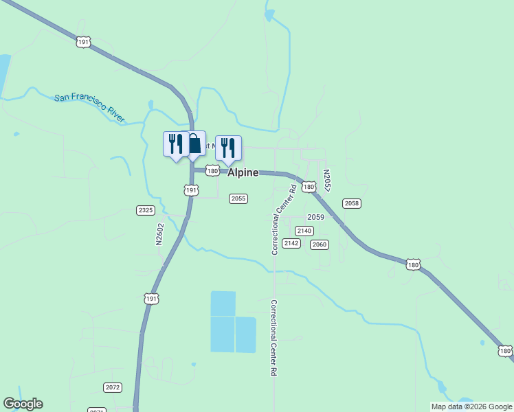 map of restaurants, bars, coffee shops, grocery stores, and more near 1st South Street in Alpine
