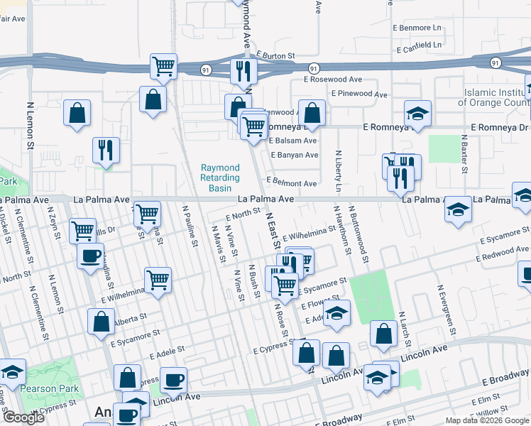 map of restaurants, bars, coffee shops, grocery stores, and more near 755 North East Street in Anaheim