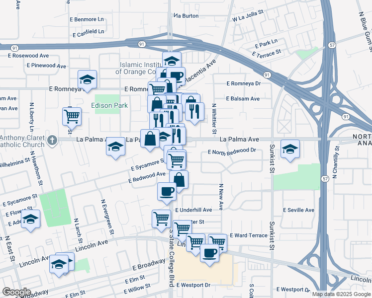 map of restaurants, bars, coffee shops, grocery stores, and more near 2031 East North Redwood Drive in Anaheim