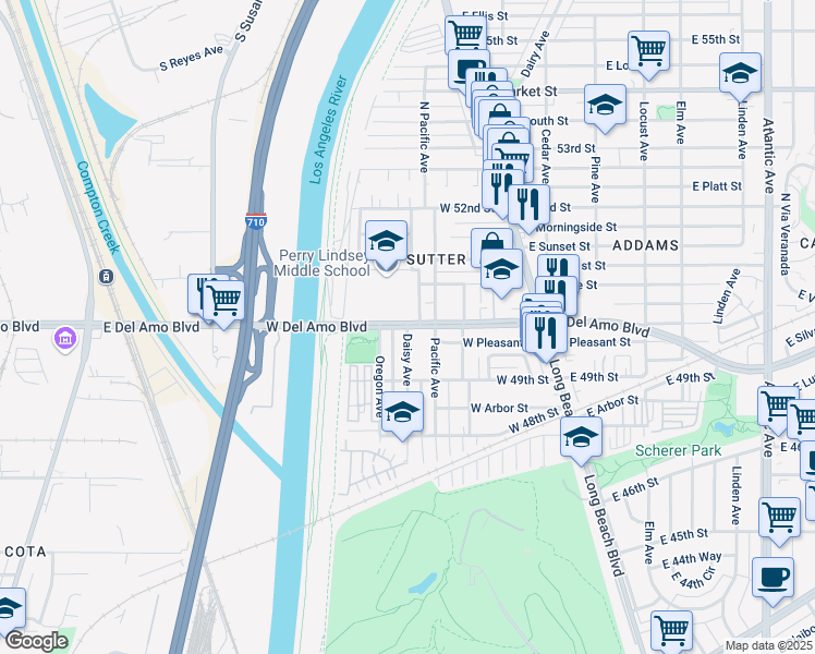 map of restaurants, bars, coffee shops, grocery stores, and more near W Del Amo Blvd & Daisy Ave in Long Beach