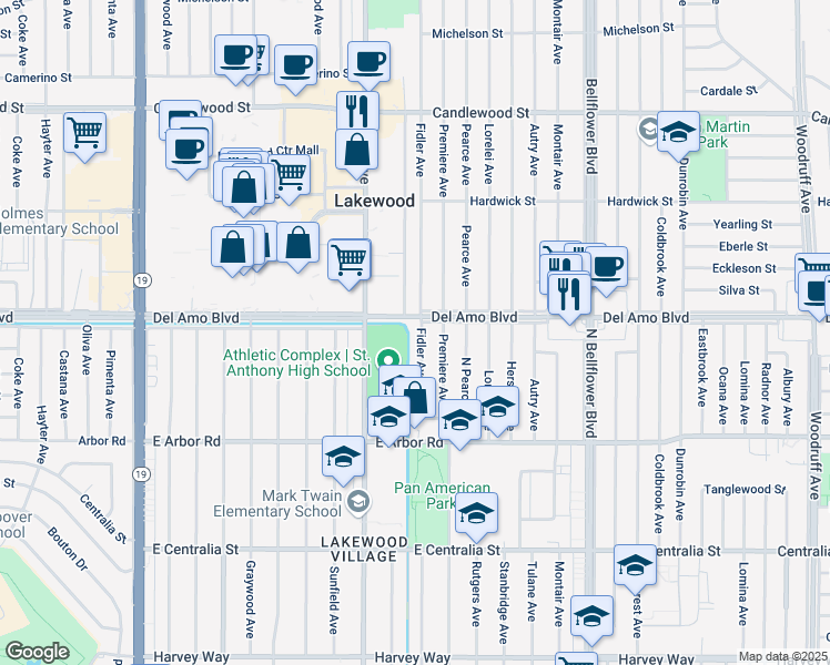map of restaurants, bars, coffee shops, grocery stores, and more near 4843 Fidler Avenue in Long Beach