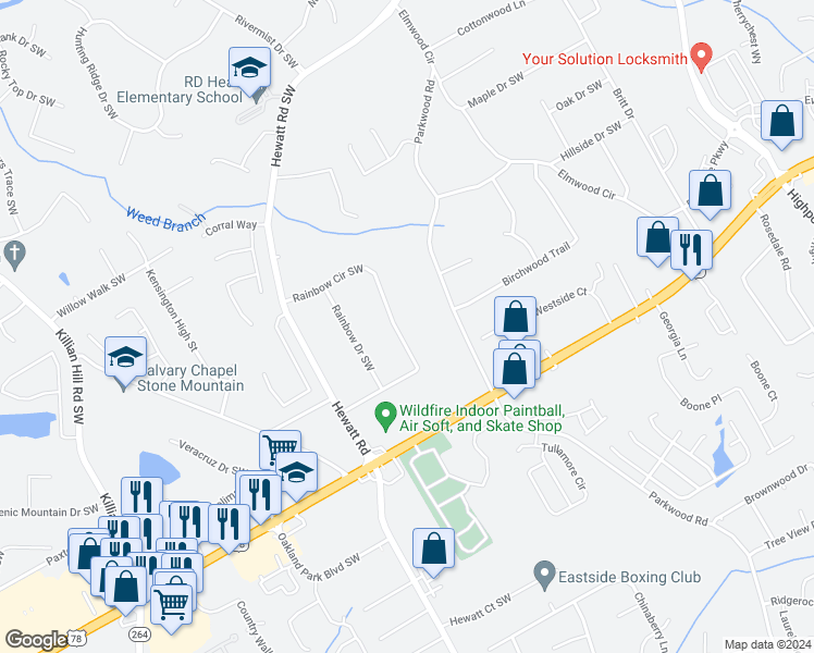 map of restaurants, bars, coffee shops, grocery stores, and more near 3651 Rainbow Circle Southwest in Snellville