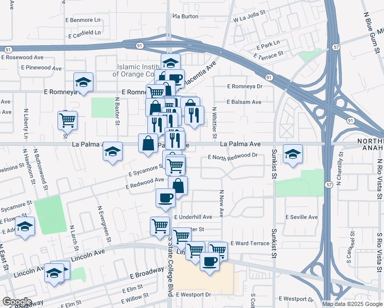 map of restaurants, bars, coffee shops, grocery stores, and more near 506 North North Redwood Place in Anaheim