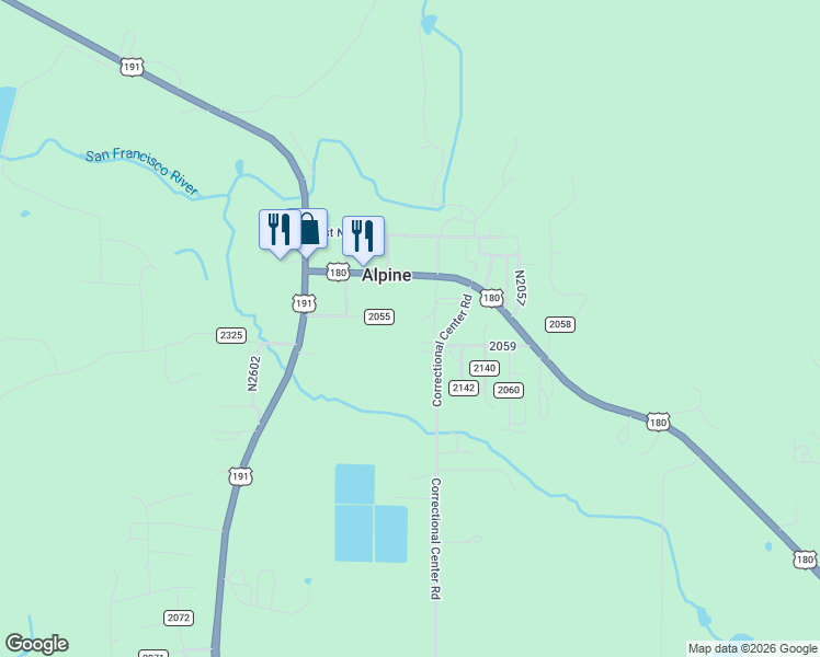 map of restaurants, bars, coffee shops, grocery stores, and more near 1st South Street in Alpine