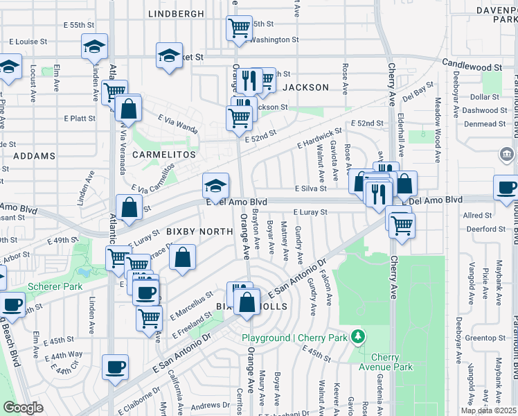 map of restaurants, bars, coffee shops, grocery stores, and more near 1225 East Luray Street in Long Beach