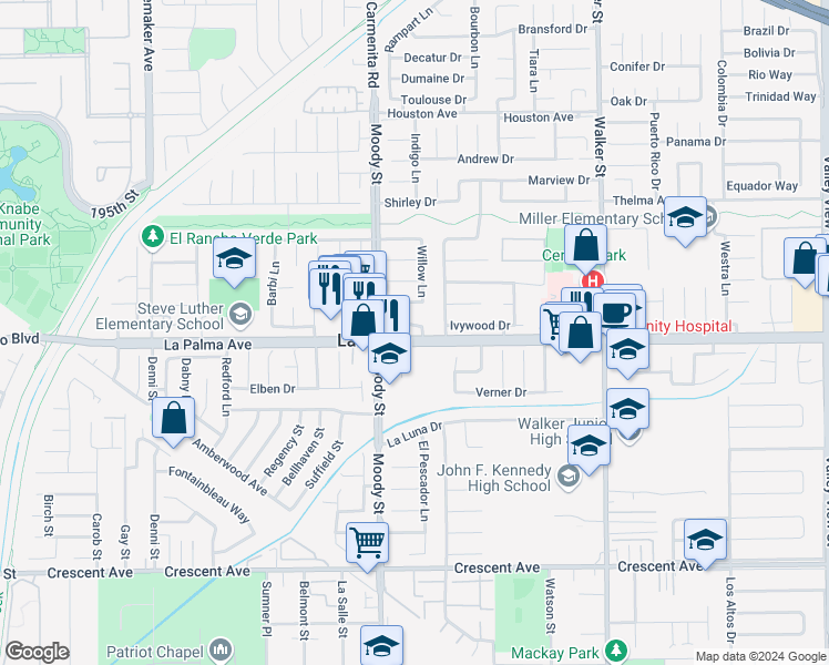 map of restaurants, bars, coffee shops, grocery stores, and more near 5072 Alder Lane in La Palma