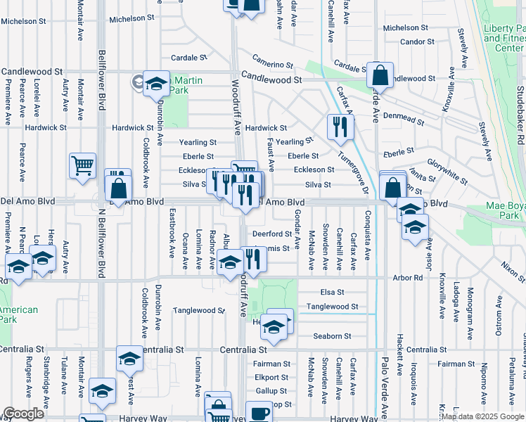 map of restaurants, bars, coffee shops, grocery stores, and more near 6006 Sugarwood Street in Lakewood
