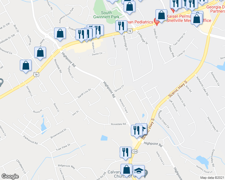 map of restaurants, bars, coffee shops, grocery stores, and more near 3105 Spruce Circle in Snellville