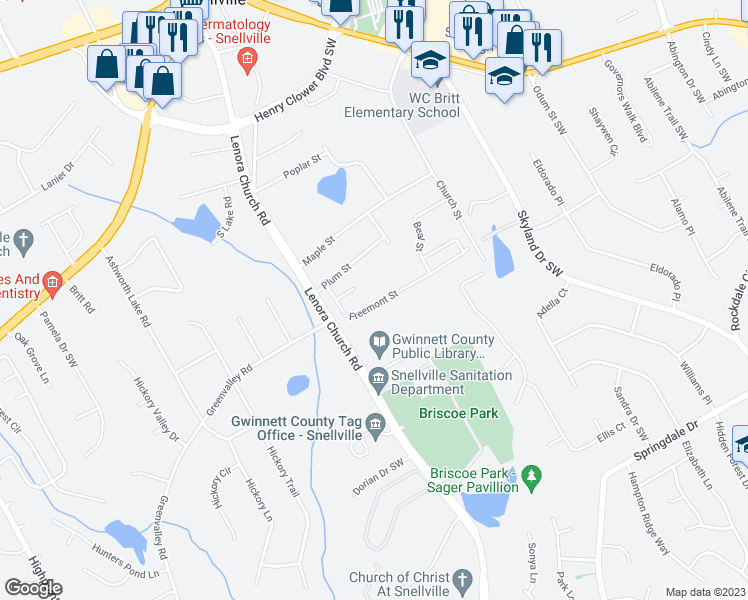 map of restaurants, bars, coffee shops, grocery stores, and more near 2651 Freemont Street in Snellville