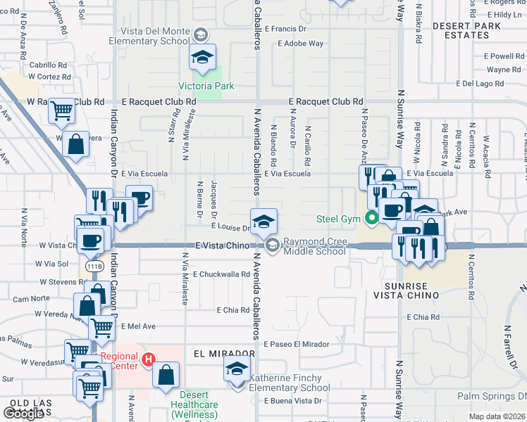 map of restaurants, bars, coffee shops, grocery stores, and more near 1022 East El Escudero in Palm Springs