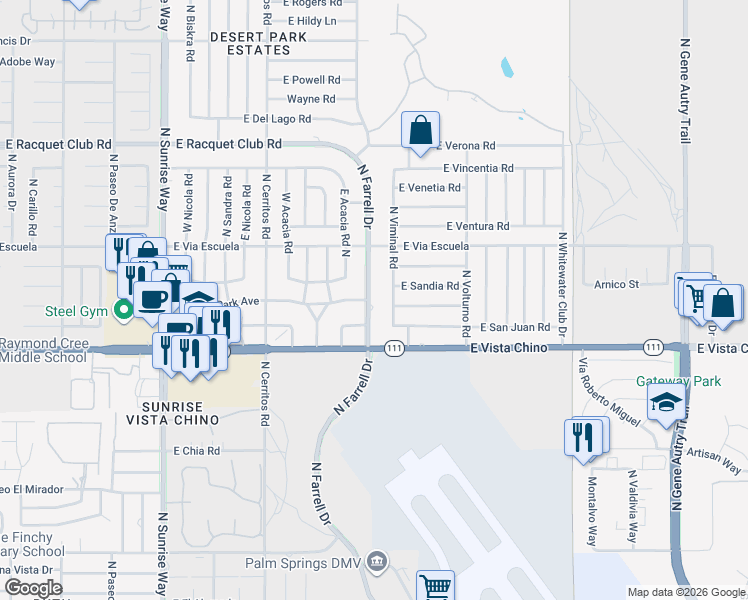 map of restaurants, bars, coffee shops, grocery stores, and more near 1815 North Viminal Road in Palm Springs