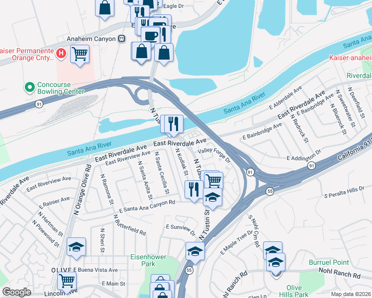 map of restaurants, bars, coffee shops, grocery stores, and more near 409 North Kodiak Street in Anaheim
