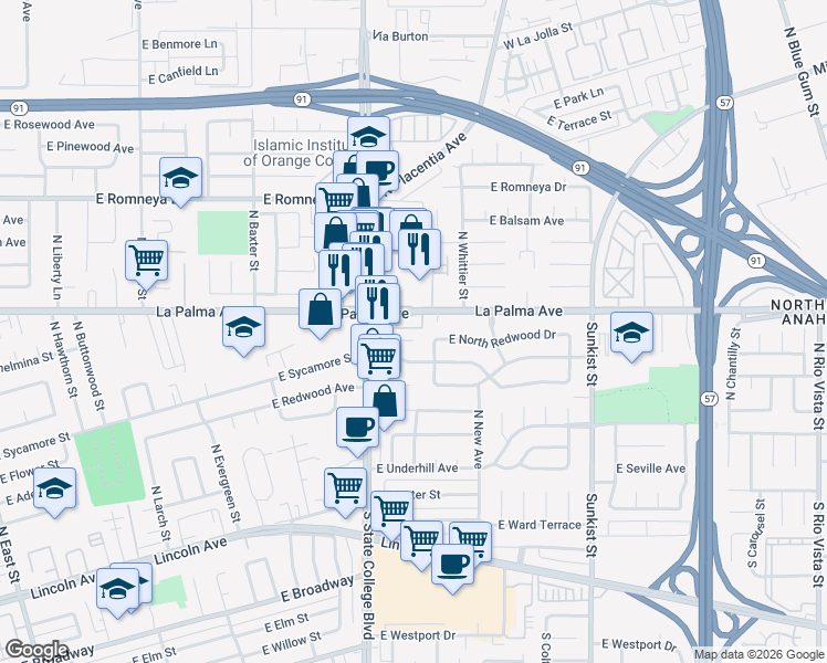 map of restaurants, bars, coffee shops, grocery stores, and more near 506 North North Redwood Place in Anaheim
