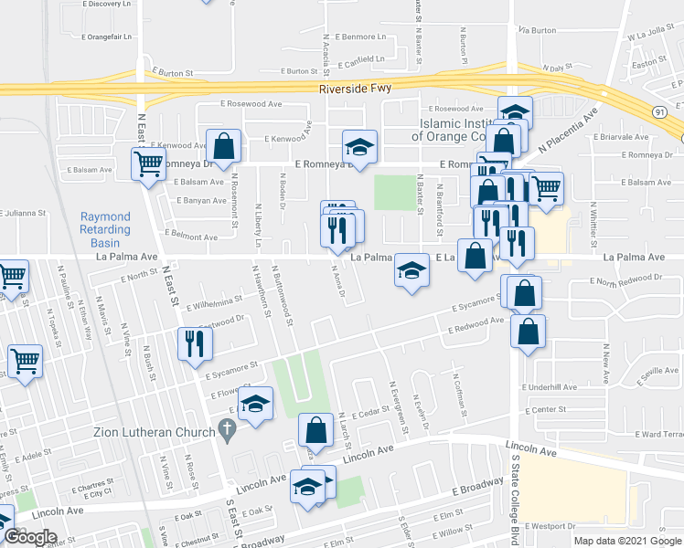 map of restaurants, bars, coffee shops, grocery stores, and more near 638 North Anna Drive in Anaheim