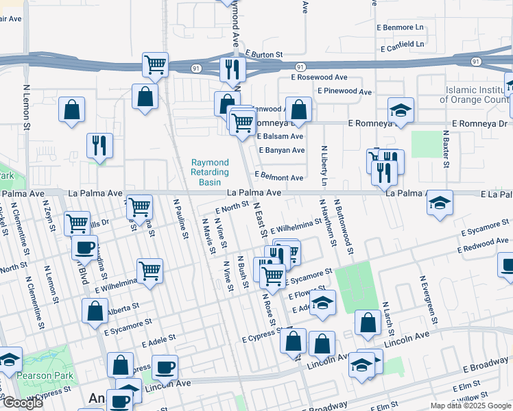 map of restaurants, bars, coffee shops, grocery stores, and more near 738 North Rose Street in Anaheim