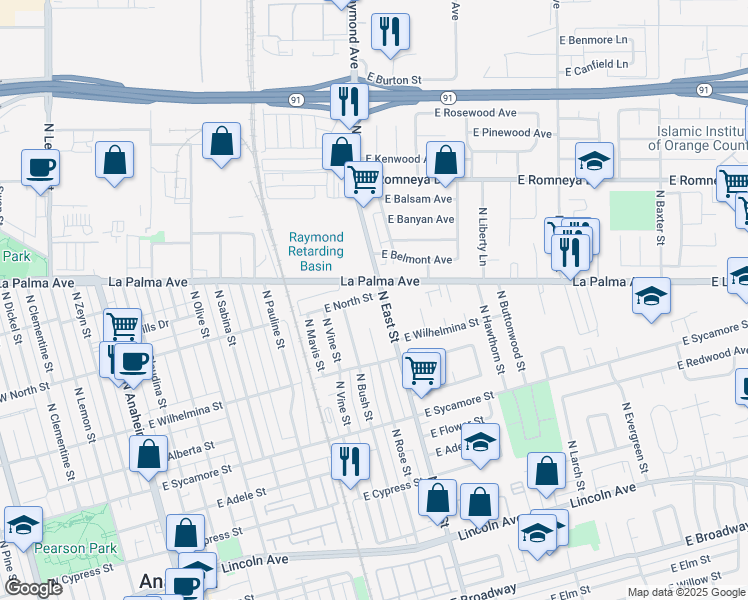 map of restaurants, bars, coffee shops, grocery stores, and more near 738 North Rose Street in Anaheim