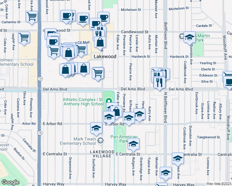 map of restaurants, bars, coffee shops, grocery stores, and more near 4843 Fidler Avenue in Long Beach