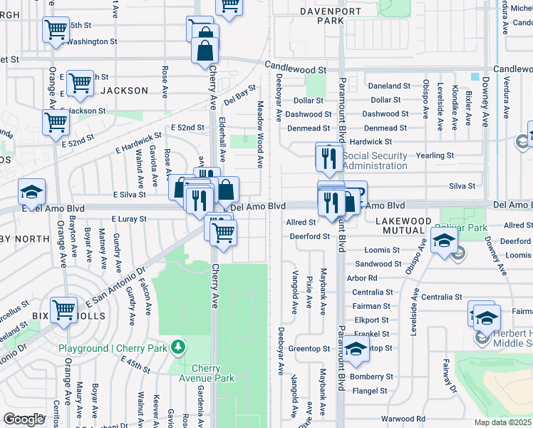 map of restaurants, bars, coffee shops, grocery stores, and more near 4817 Deeboyar Avenue in Lakewood
