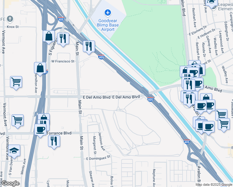 map of restaurants, bars, coffee shops, grocery stores, and more near East Del Amo Boulevard in Carson