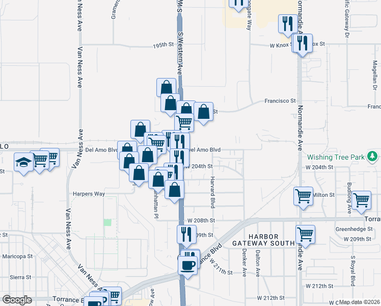 map of restaurants, bars, coffee shops, grocery stores, and more near 1639 West 204th Street in Torrance