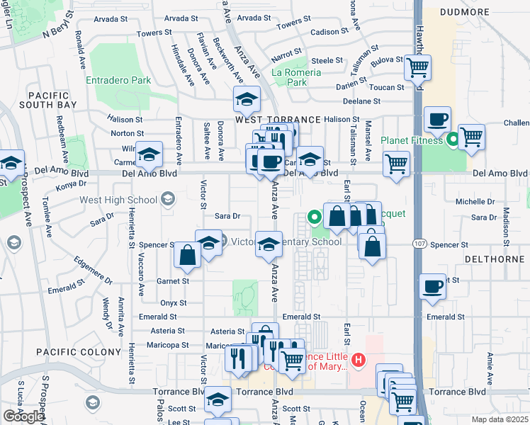 map of restaurants, bars, coffee shops, grocery stores, and more near 20430 Reynolds Drive in Torrance