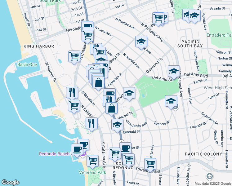 map of restaurants, bars, coffee shops, grocery stores, and more near 615 Diamond Street in Redondo Beach